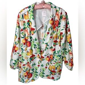 LC Lauren Conrad Shawl Collar Blazer Fruit Pattern Ruched 3/4 Sleeve Size Large